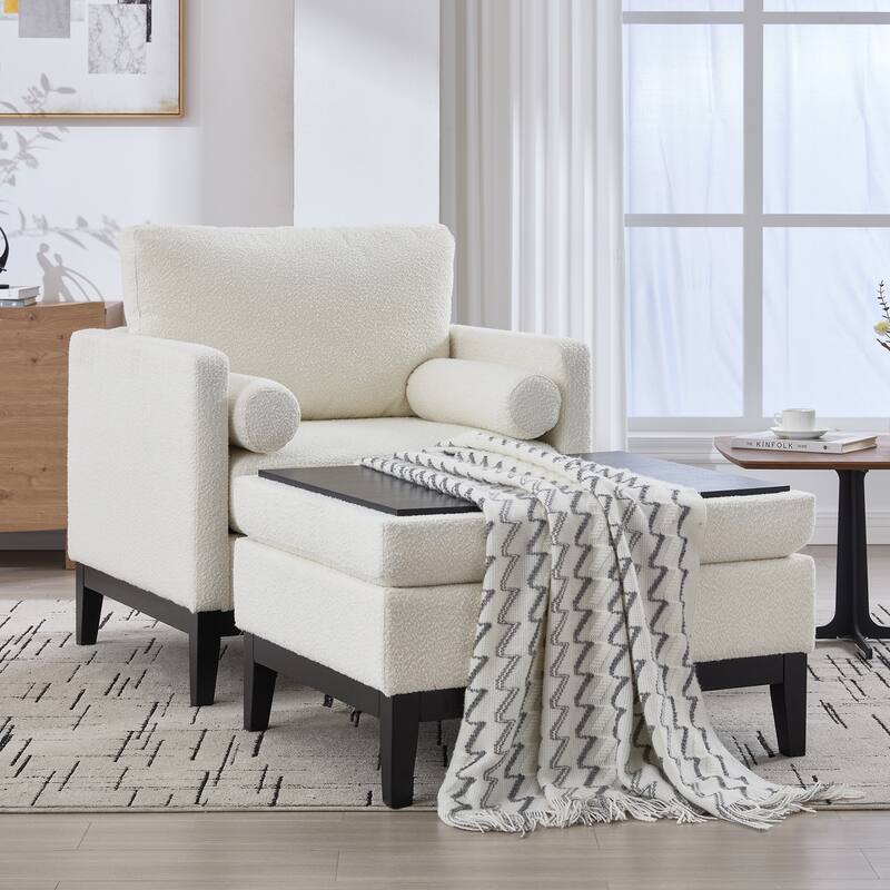 35.4 "Wide Wood Base Square Accent Arm Chair with Ottoman Natural Wood Legs with Reversible Lid Coffee Table