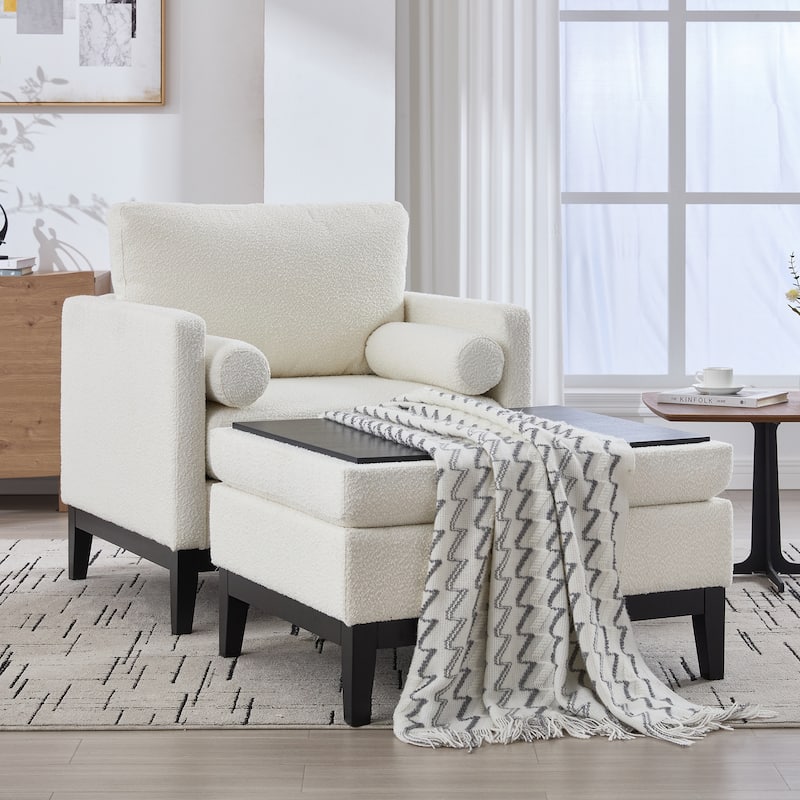 Boucle Farmhouse Armchair Set with Storage Ottoman and Black Wood Legs