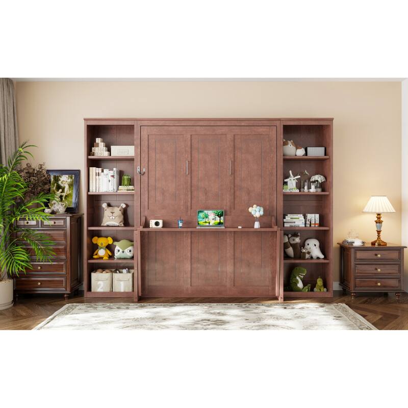 Roomfitters Full/Queen Size Murphy Bed with Desk and Bookshelf Storage, Space Saving, Dark Brown