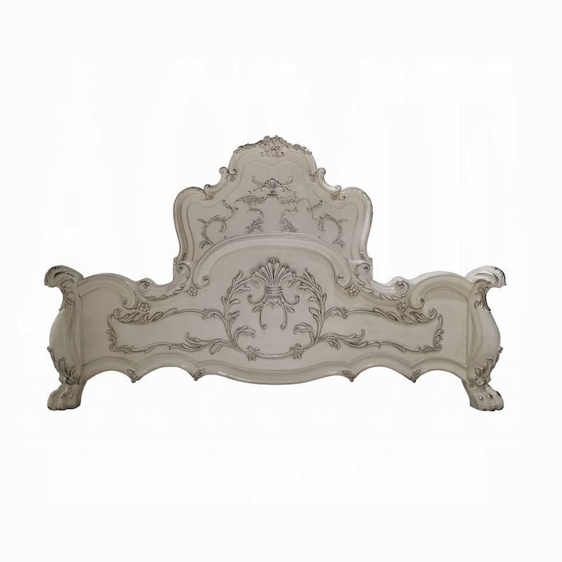 Ally King Bed, Decorative Carved Accent Inlay, Bone White Wood, Silver