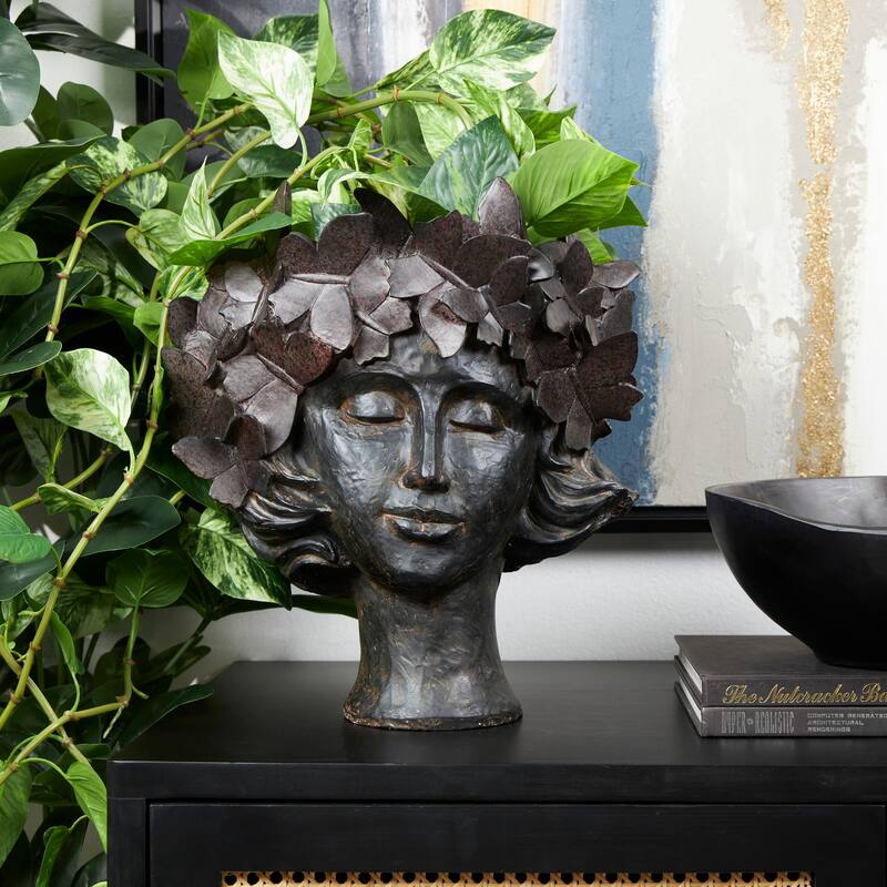 Bronze Resin Head Woman Indoor Outdoor Planter with Wide Opening and Butterfly Accents - Bronze