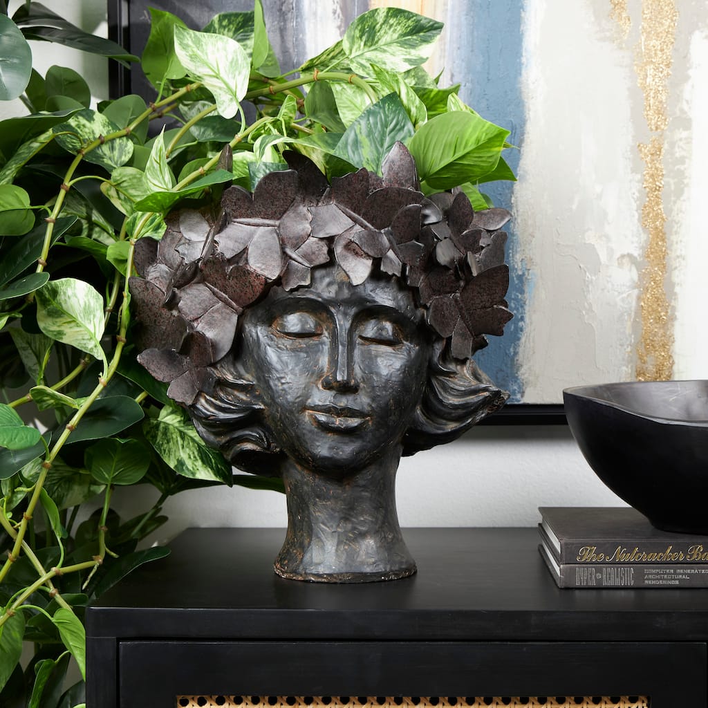 Bronze Resin Head Woman Indoor Outdoor Planter with Wide Opening and Butterfly Accents