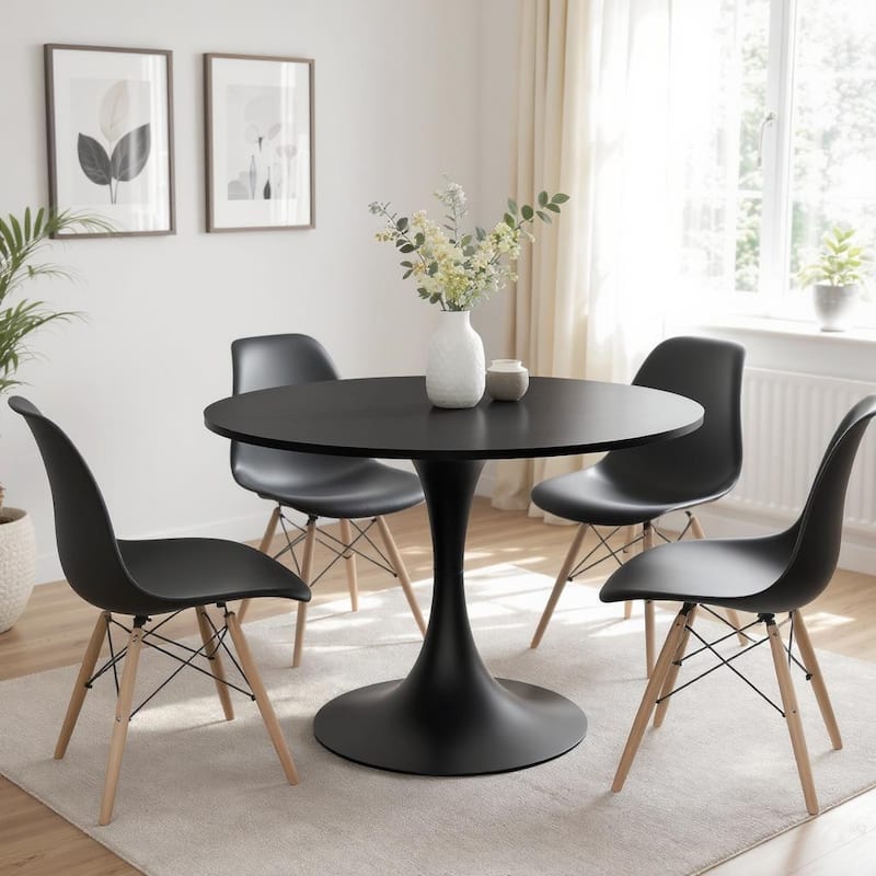 HomeRoots 32" Black Wood Pedestal Base Round Top Dining Table - 31.50 in. x 28.30 in. x 31.50 in. - Black - 31.50 in. x 28.30 in.  x 31.50 in.