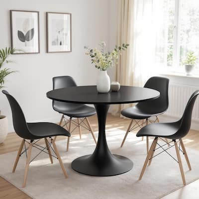 HomeRoots 32" Black Wood Pedestal Base Round Top Dining Table - 31.50 in. x 28.30 in. x 31.50 in.