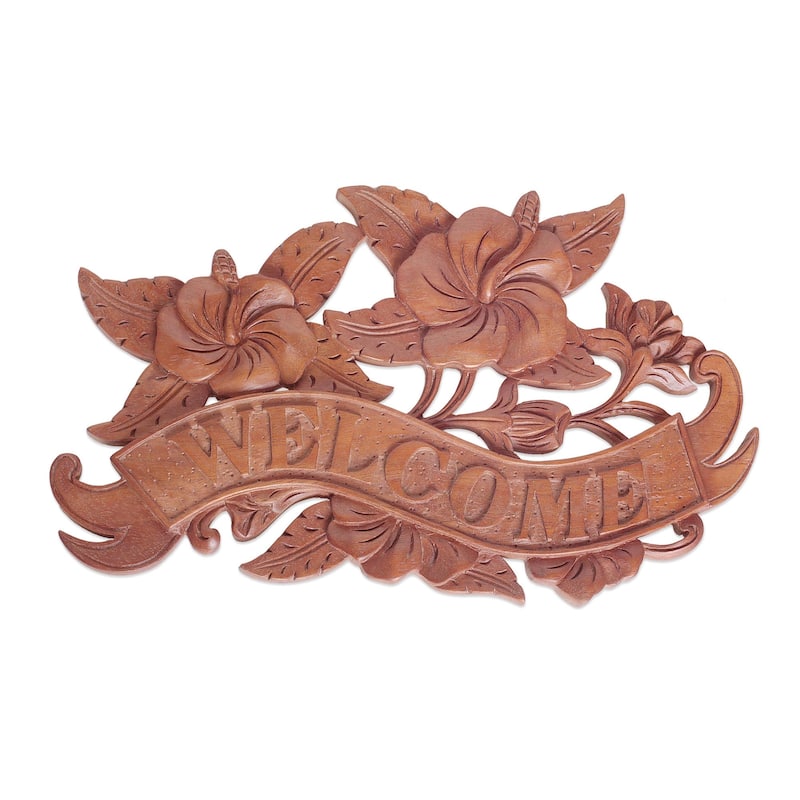 Novica Handmade Hibiscus Welcome Wood Wall Sign