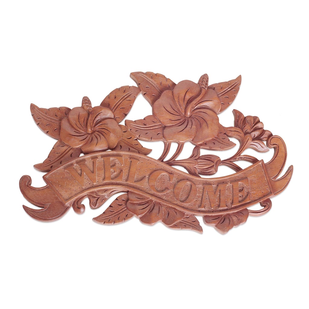 Novica Handmade Hibiscus Welcome Wood Wall Sign
