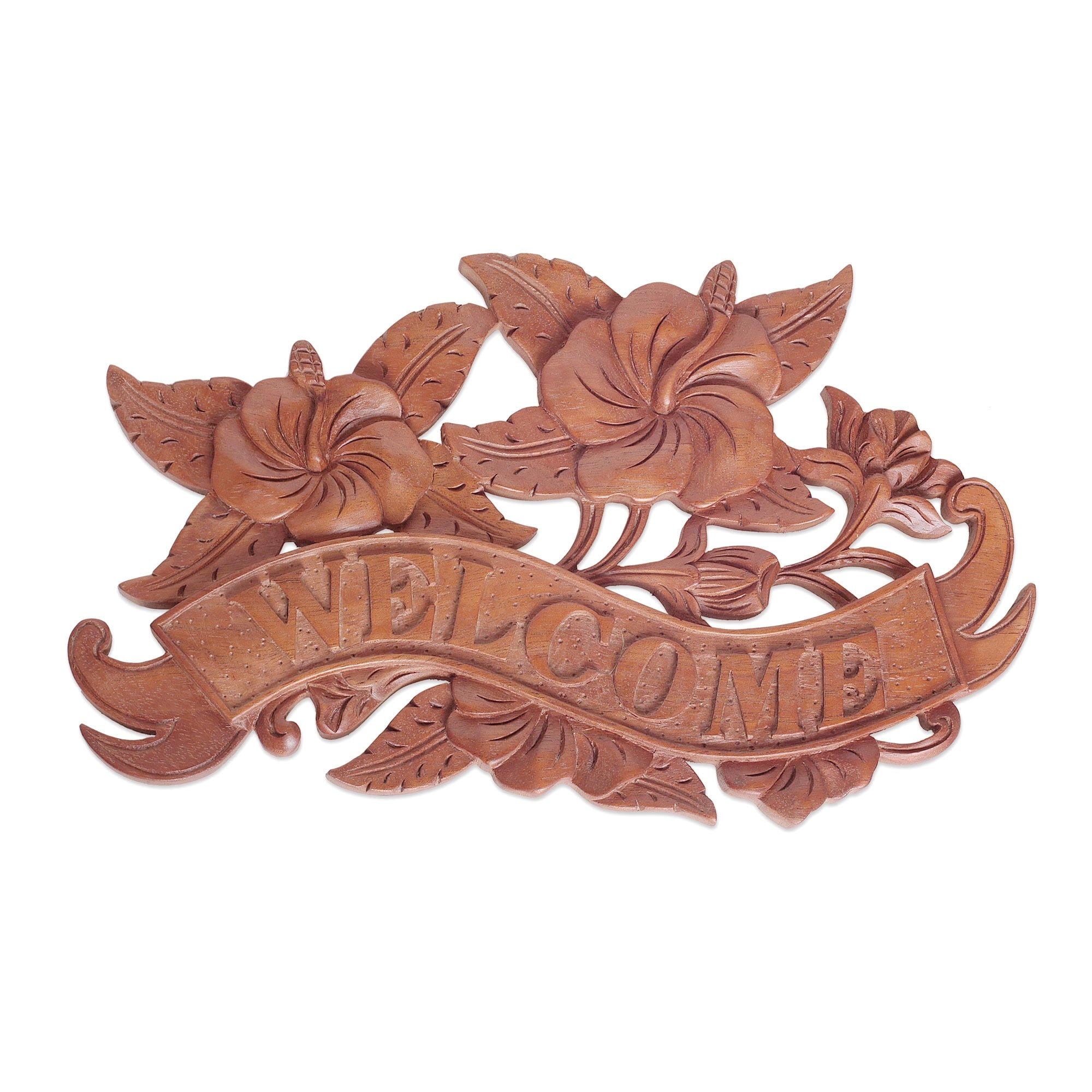 Novica Handmade Hibiscus Welcome Wood Wall Sign