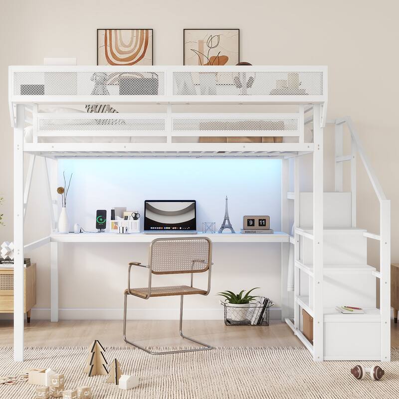 High Loft Bed Metal Bed Frame with Stairs Built-in Shelves and Wardrobe, Side Grid Rack, Light, Charging Station and Desk