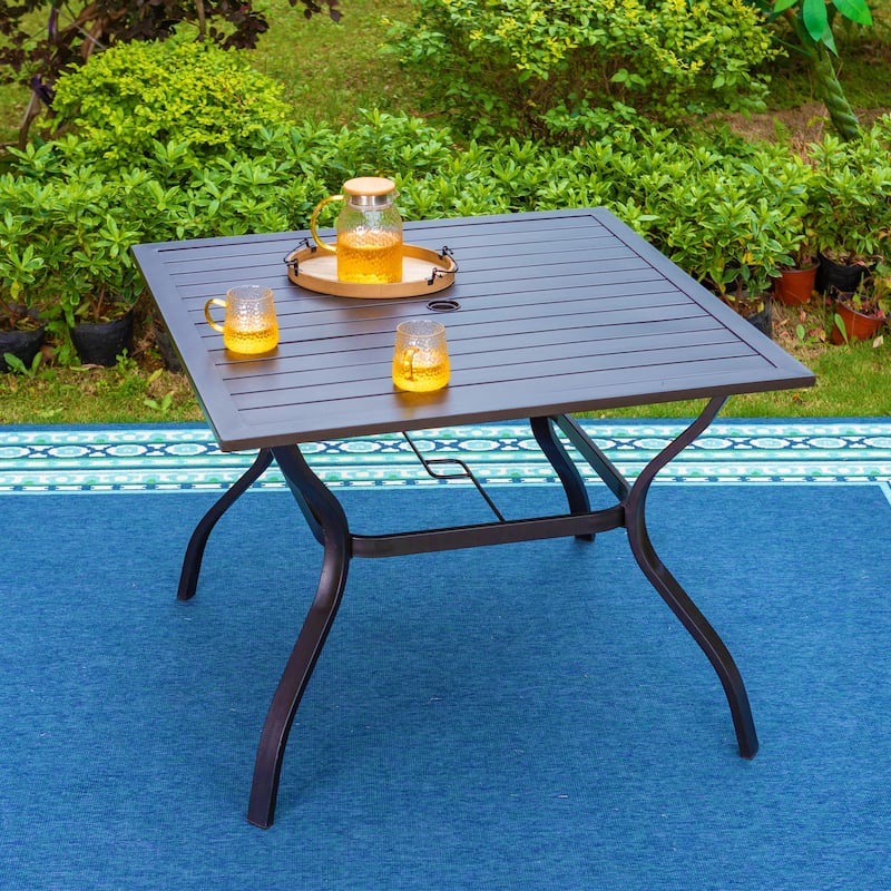 Square Metal Patio Dining Tables with Umbrella Hole, Steel Slatted, Available in 42" Brown and 37" Black - Black