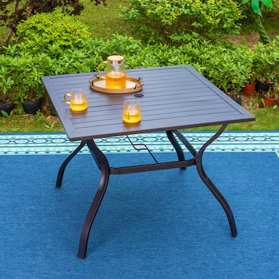 Square Metal Patio Dining Tables with Umbrella Hole, Steel Slatted, Available in 42" Brown and 37" Black