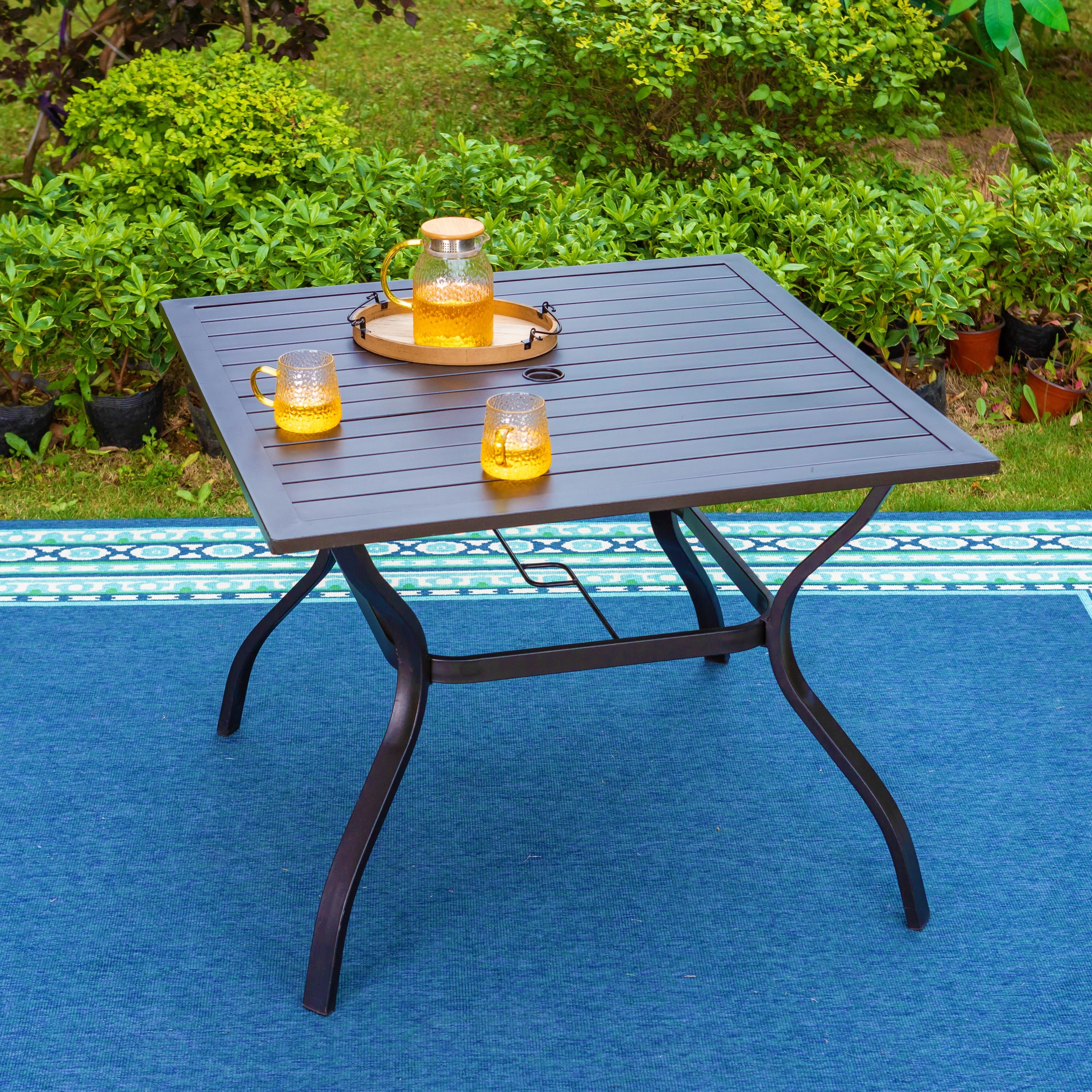 Square Metal Patio Dining Tables with Umbrella Hole, Steel Slatted, Available in 42" Brown and 37" Black