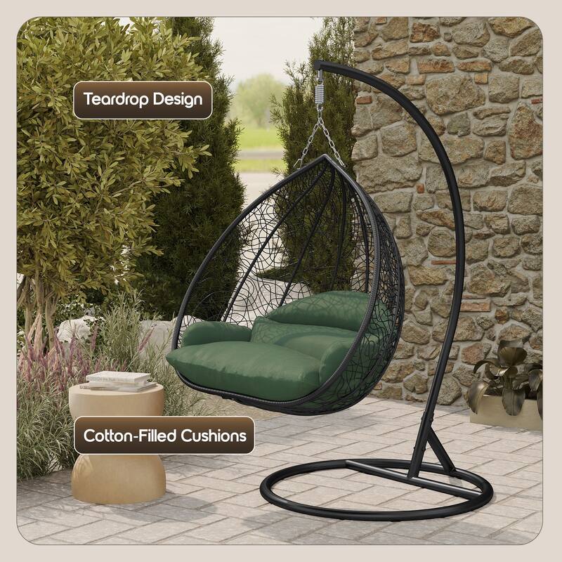2-Person Outdoor Hanging Egg Chair with Teardrop Frame, Weather-Resistant Cotton Cushioned Seat for Patio and Indoor Use