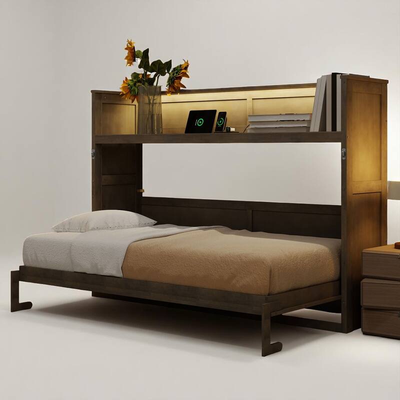 Twin XL Foldable Murphy Bed with Built-in Desk, USB Ports and LED Lighting, Pine Wood Frame, No Box Spring