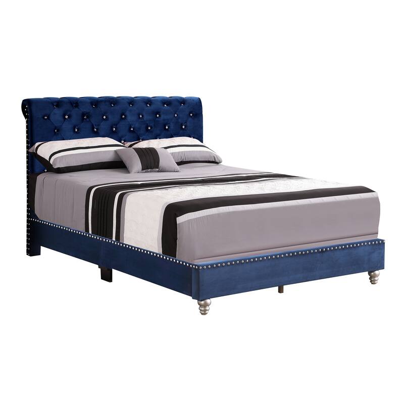 Button Tufted Velvet Upholstered Full Panel Bed - 82" - Blue