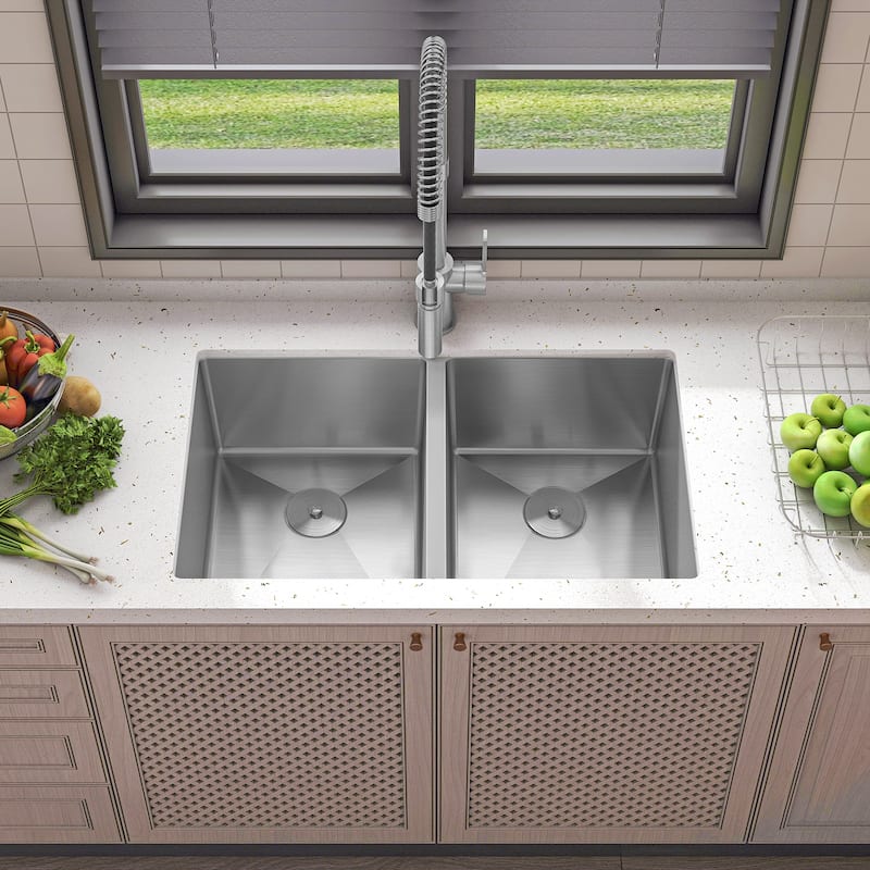Sinber Undermount Double Bowl 304 Stainless Steel Kitchen Sink -  32" x 19" x 10"(16 Gauge Sink Only) - Silver