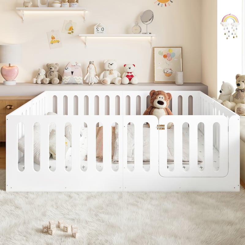 Queen Size Floor Bed with High Fence for Kids, Solid Wood Kids Montessori Bed with Door, No Box Spring Needed Design