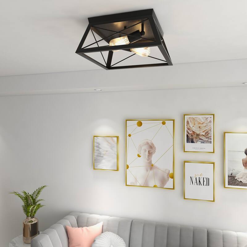 2-Light Black Metal and Wood Flush Mount