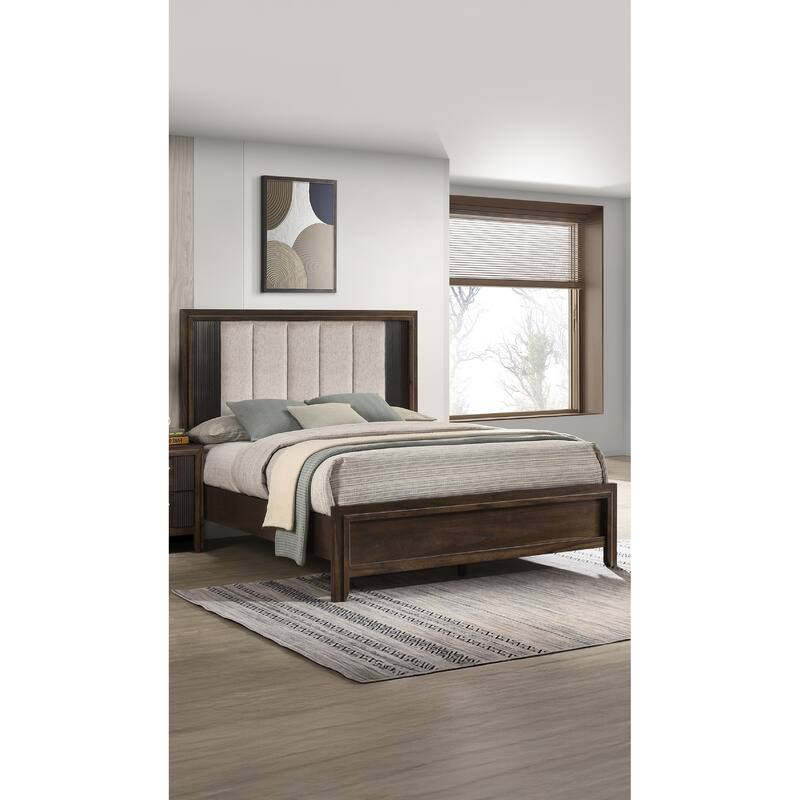 Queen Size Bed with Rich Wood Finish, Plush Upholstered Headboard, Rustic Charm, Brown