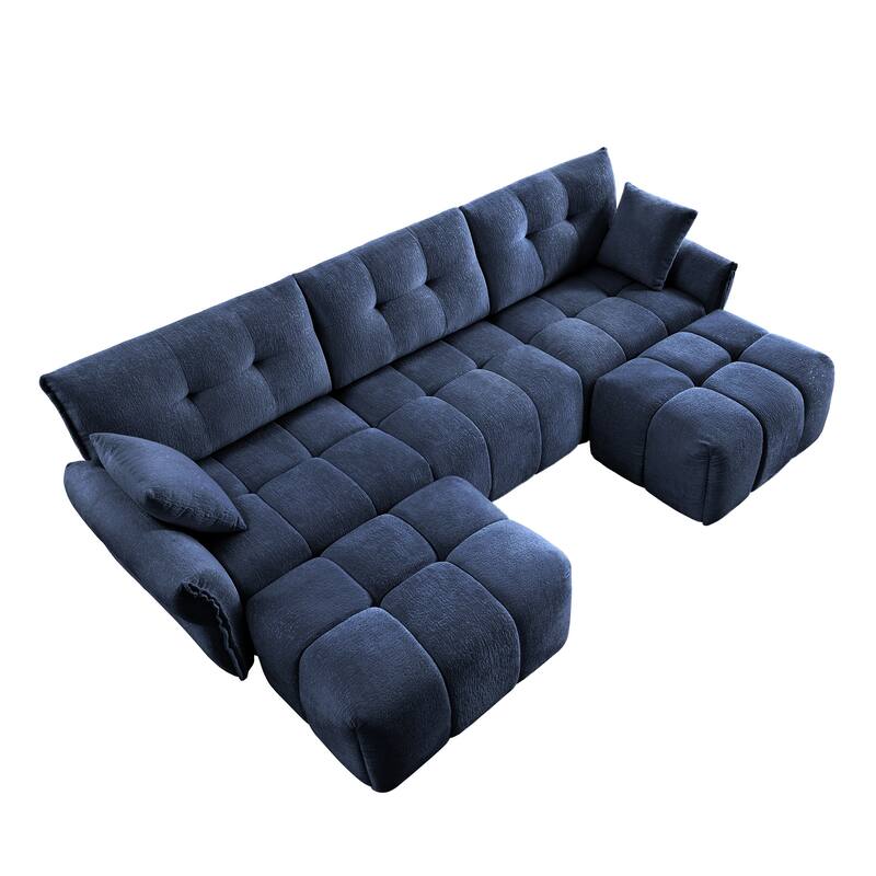 110.2" Chenille 3-Seater Sofa Set with Ottoman and Throw Pillows, Solid Wood Frame