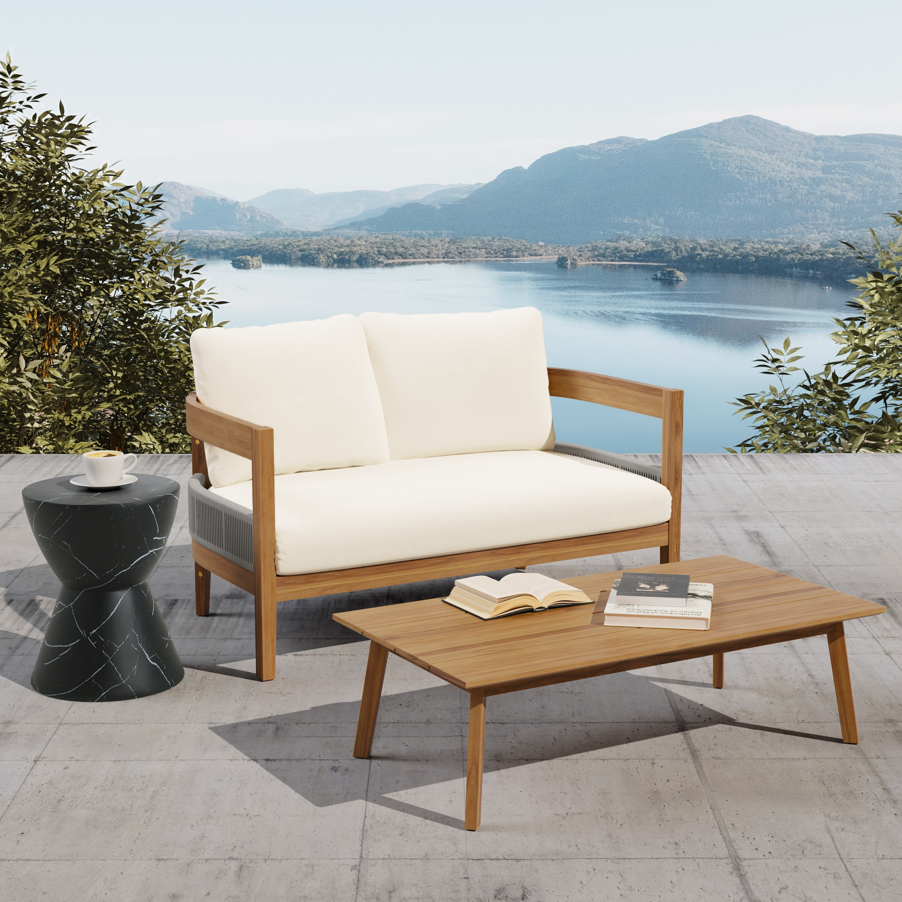 Roomfitters Porto Outdoor Acacia Wood Loveseat with Coffee Table, Patio Balcony Seating Set