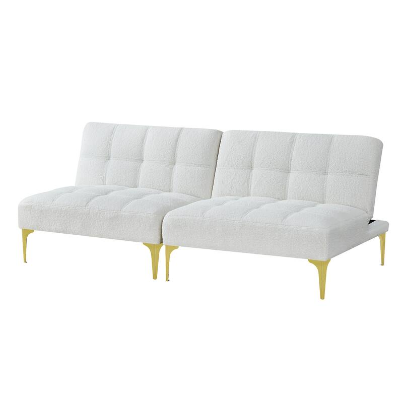71" Convertible Sofa Bed Futon With Gold Metal Legs Teddy Fabric