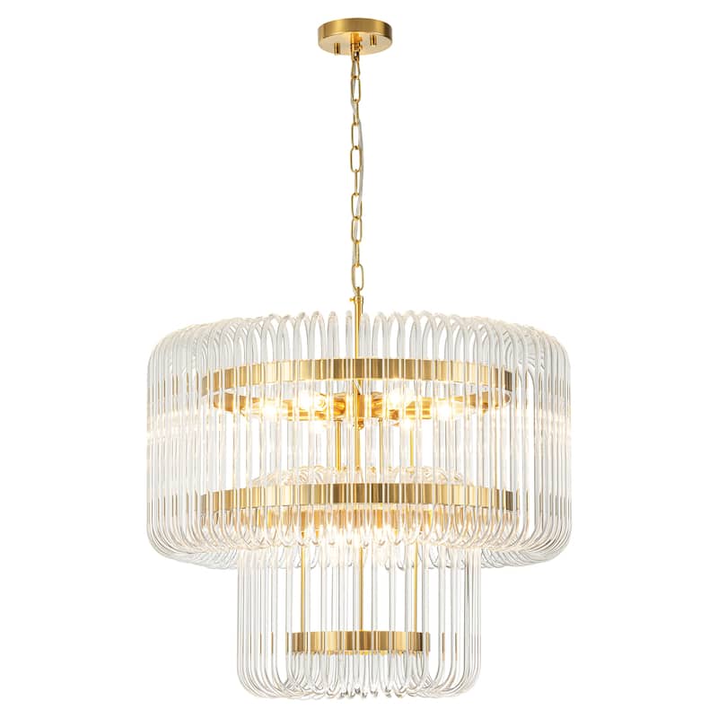 9-Light Modern Glam Drum Crystal Chandelier for Dining Room/Living Room 2-Tiered Round Chandelier Kitchen Island Pendant Light