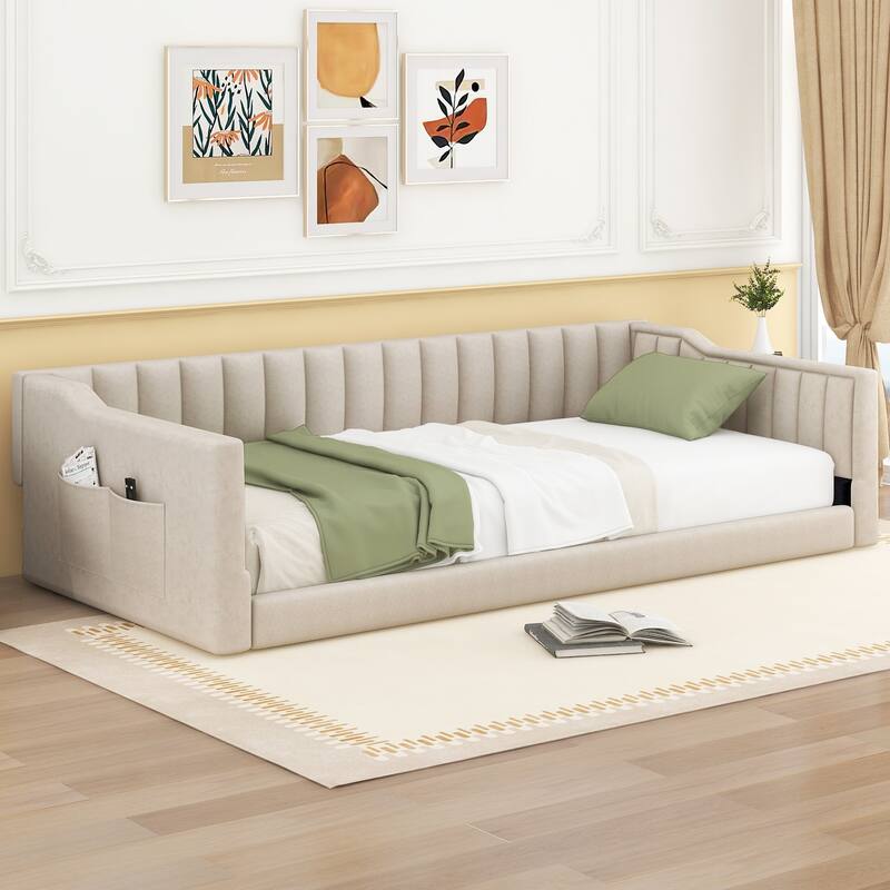 Roomfitters Twin/Full XL Size Upholstered Daybed with Side Storage Pocket and Modern Frame