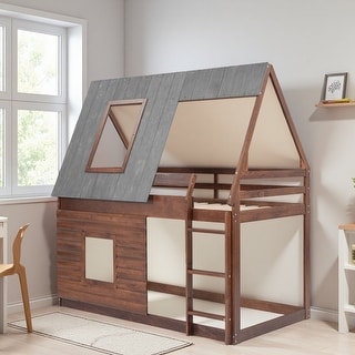 Twin Size Solid Wood House Bunk Bed with Roof, 2 Windows and Ladder ...
