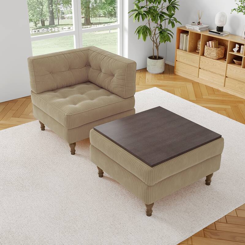 Corduroy L-shape Modular Corner Sectional Sofa with Reversible Storage Ottoman