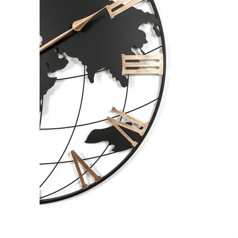 36 in Large Black Metal Gold Roman Numeral Silent World Map Wall Clock - 35.5 in