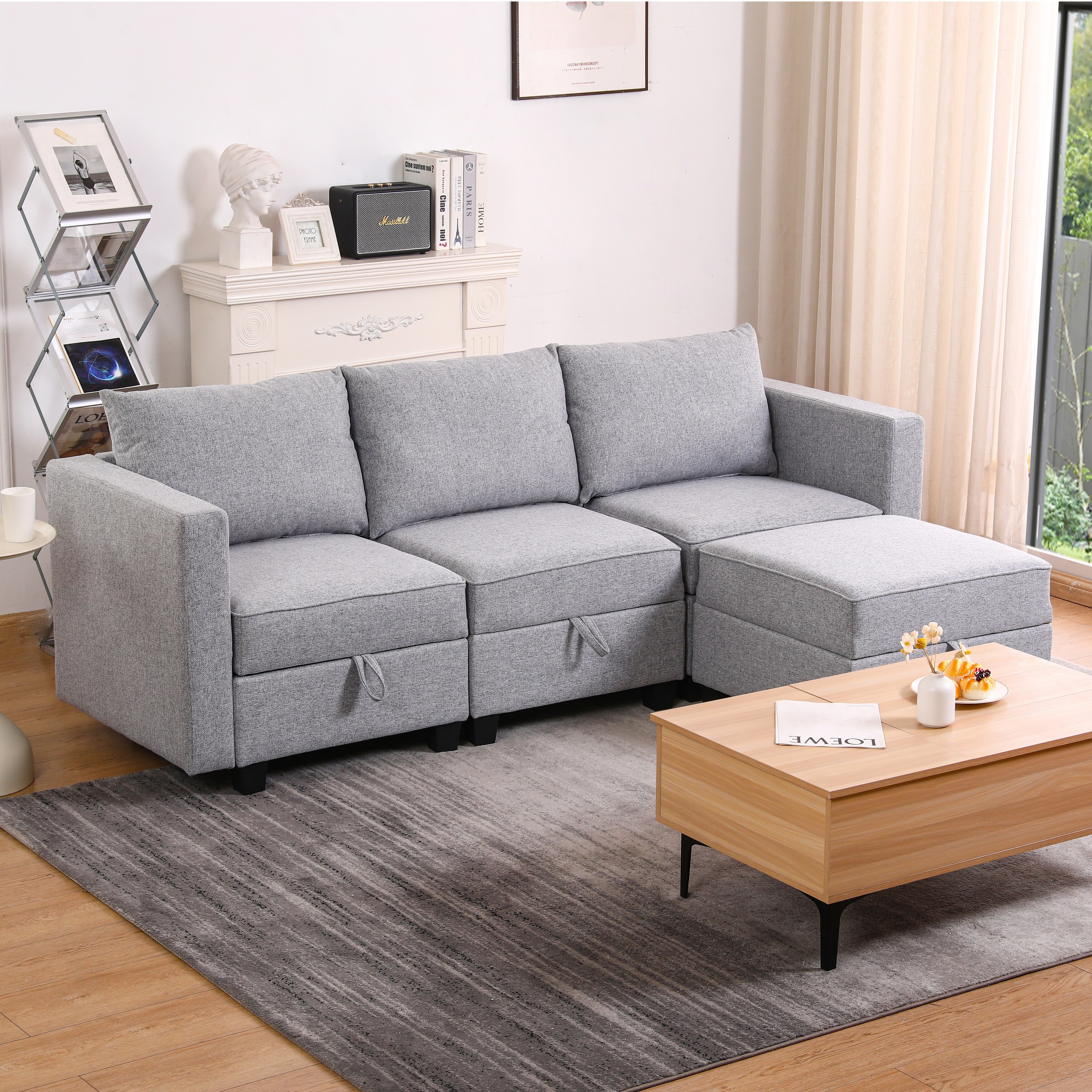 87" Burlap L-Shaped Modular 3-Seater Sofa with Ottoman & Storage