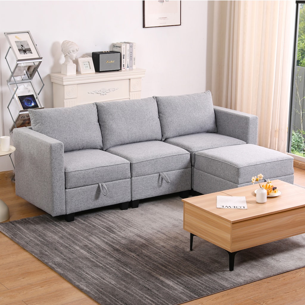 87" Burlap L-Shaped Modular 3-Seater Sofa with Ottoman & Storage