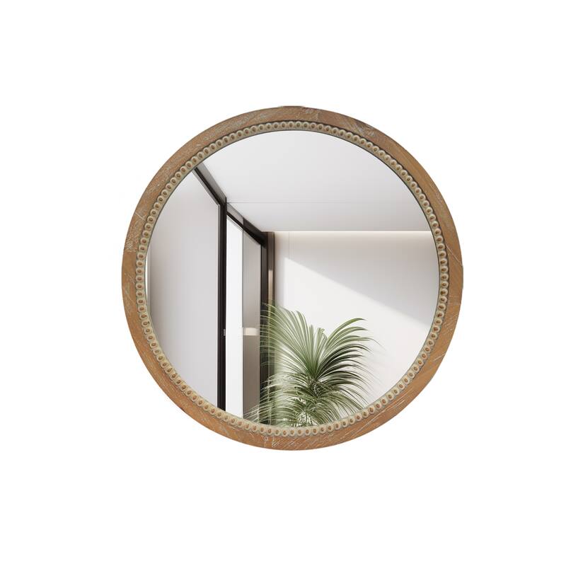 Round Distressed Wood Beaded Wall Mirror - Natural Wood