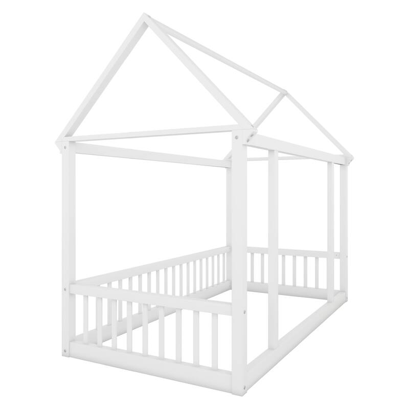 Twin/Full Size Floor Bed with Wooden House Roof Frame and Safety Guardrails for Children's Bedrooms, Small Space