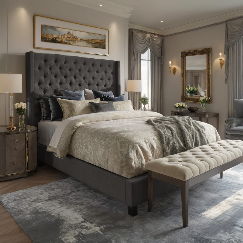 Detmold Wingback Button Tufted Tall Headboard Platform Bed