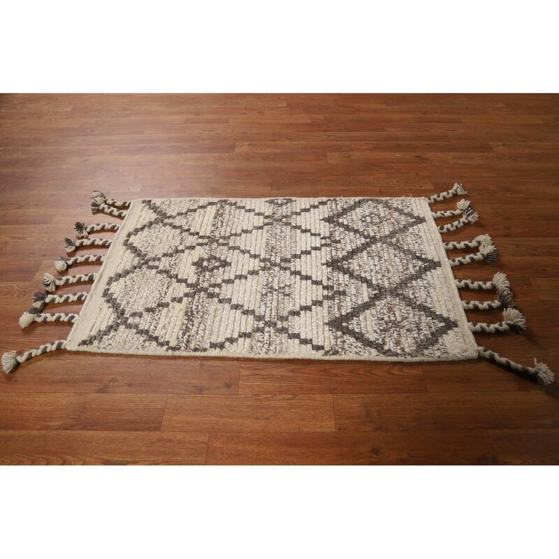 Geometric Moroccan Accent Rug Handmade Beige Wool Carpet - 2'0"x 3'0"