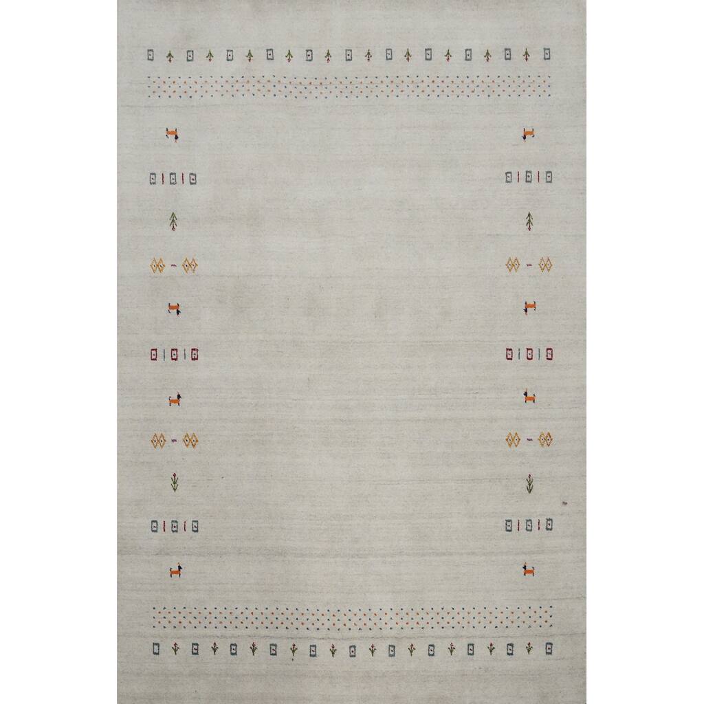 Hand Knotted Oriental 100% Wool Carpet Tribal Animal Pictorial Beige & Ivories Gabbeh Area Rug - 8' 0'' X 6' 0''