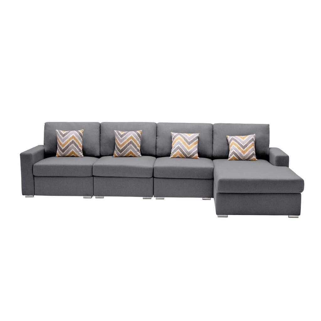 Linen Fabric 4 Piece Reversible Sectional Sofa Chaise with Pillows and Interchangeable Legs in Grey