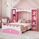 preview thumbnail 1 of 17, Castle-Shaped Princess Bed with Bedside Storage Shelves, Twin Size Wooden Platform Bed with Crown Footboard for Kids Pink+ White 