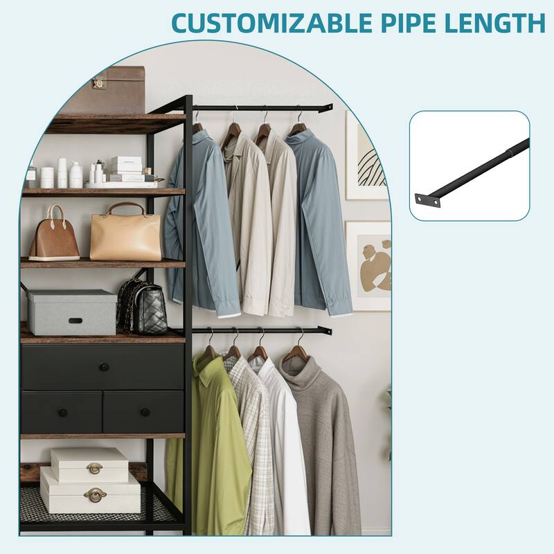 Moasis 70.8"-105"L Closet Storage Organizer with Shelves and 3 Expandable Hanger Rods