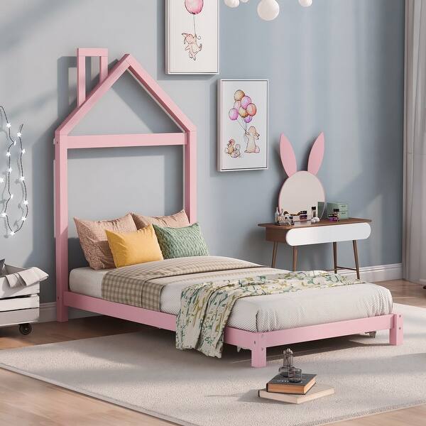 slide 2 of 10, Pink Twin Size Wood Bed with House Headboard for Kids Twin - Pink