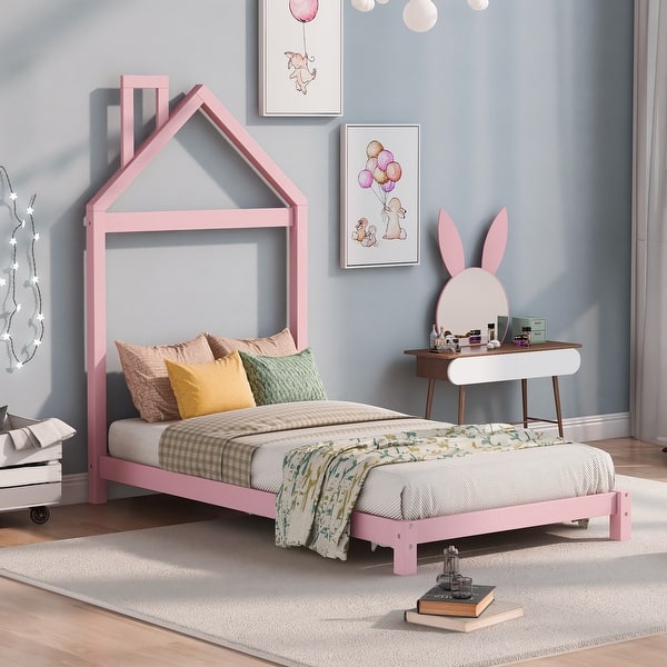 slide 2 of 10, Pink Twin Size Wood Platform Bed with House-shaped Headboard for Kids, Boys and Girls Twin - Pink