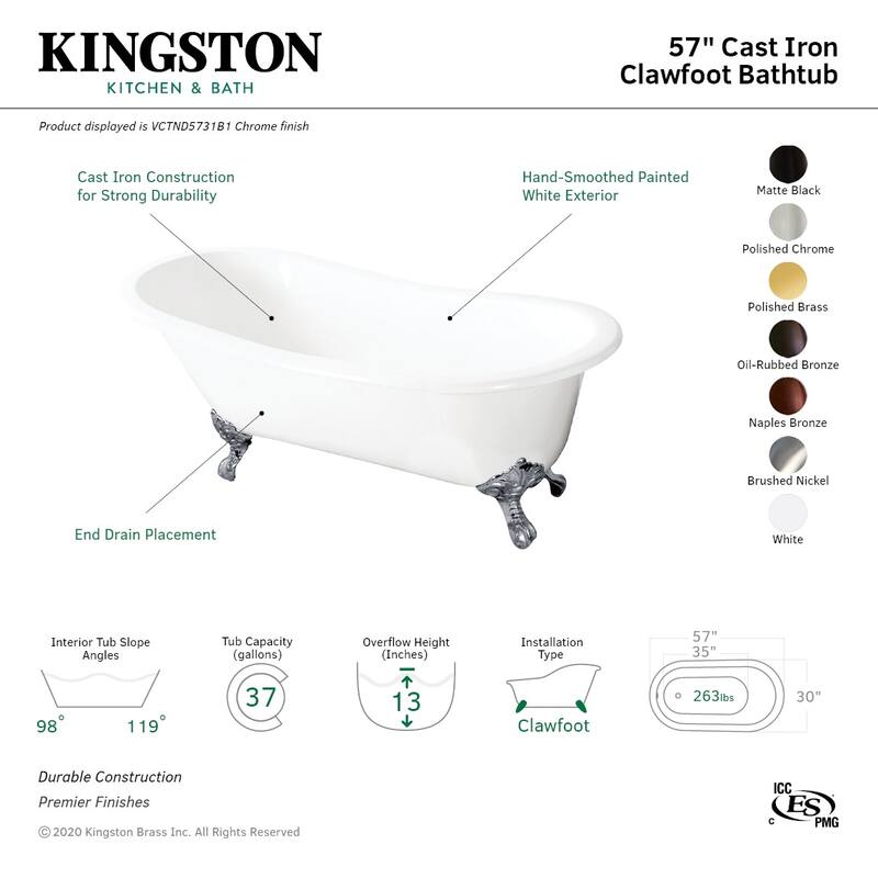 Kingston Brass Tazatina 57" Clawfoot Cast Iron Soaking Tub with
