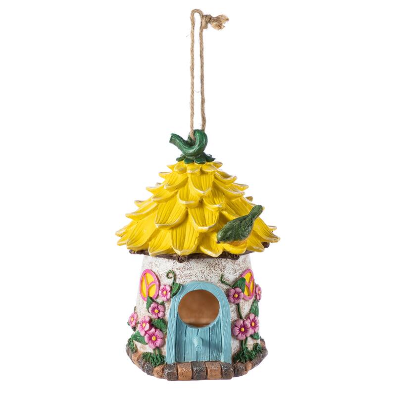 Glitzhome 9''H Resin Pink Yellow Roof Outdoor Garden Birdhouse