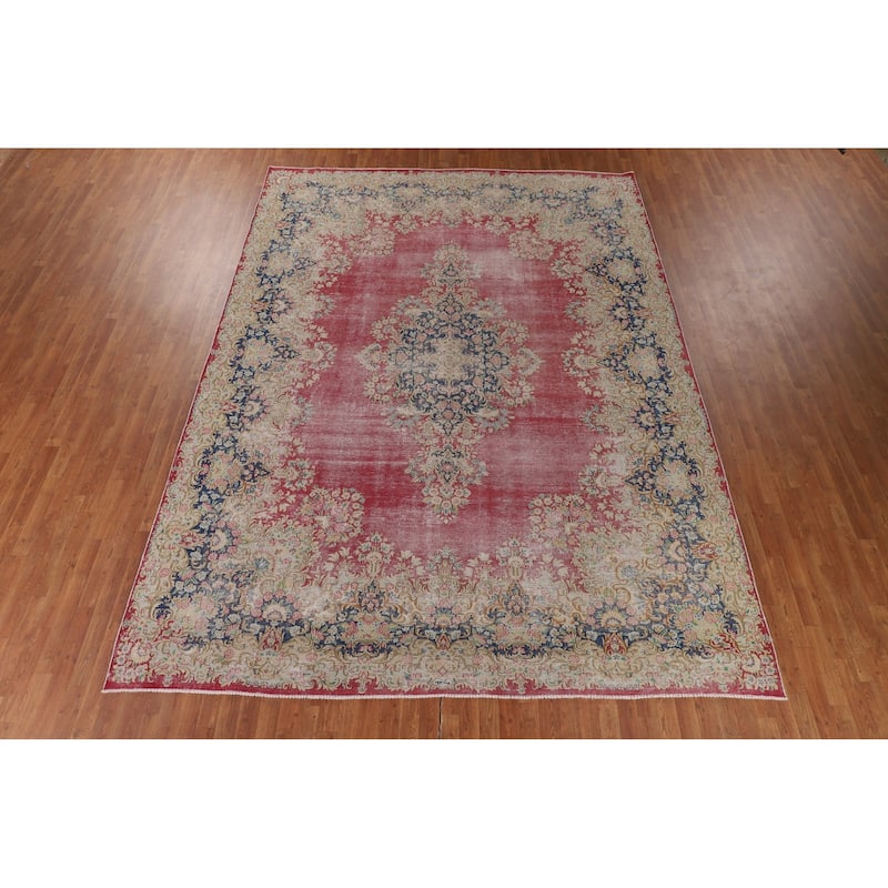 Distressed Pink Kerman Persian Antique Area Rug Handmade Wool Carpet - 9'9" x 13'3"