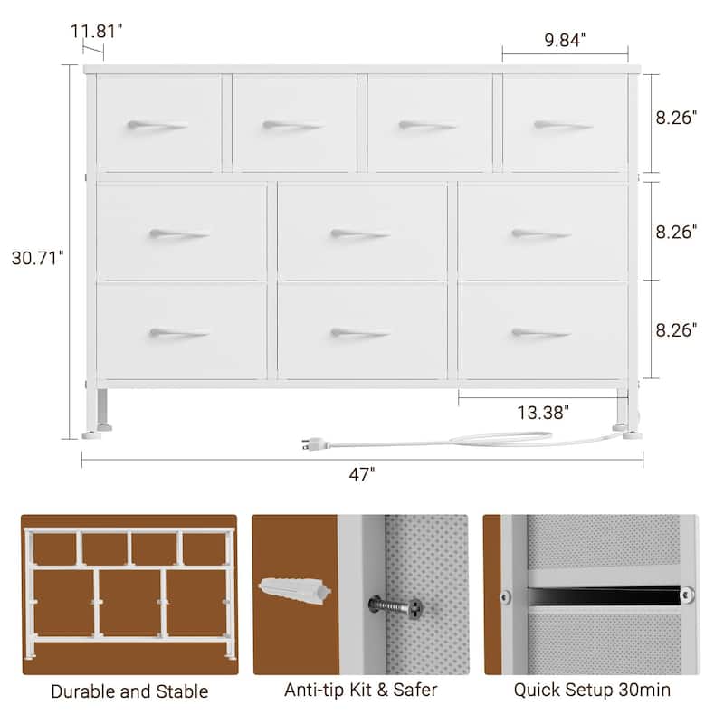 10 Drawer Dresser Fabric 43.3" TV Stand Power Outlet Chest of Drawers