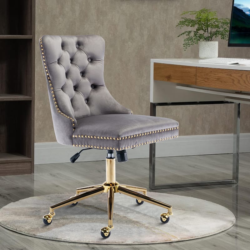 Elegant Luxurious Velvet Upholstered Office Chair with Wooden Frame and Gold Metal Base - Grey