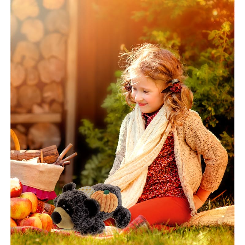 DolliBu Super Soft Lying Black Bear Stuffed Animal with Pumpkin Decor - 9 inches