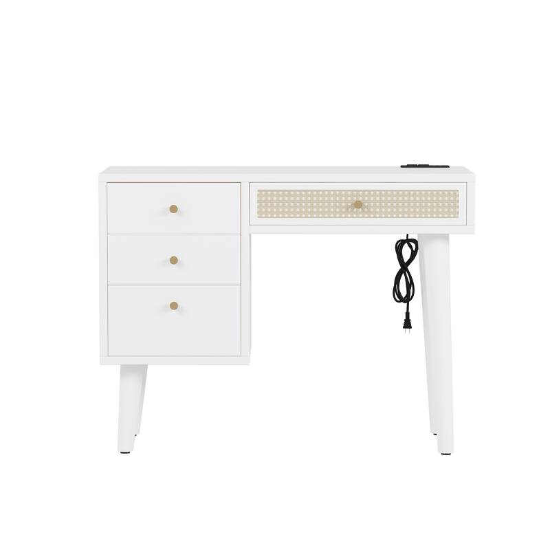 2-Piece Makeup Vanity Set with Upholstered Stool, Makeup Vanity Dressing Table with Power Outlet & USB Port (No Mirrors)