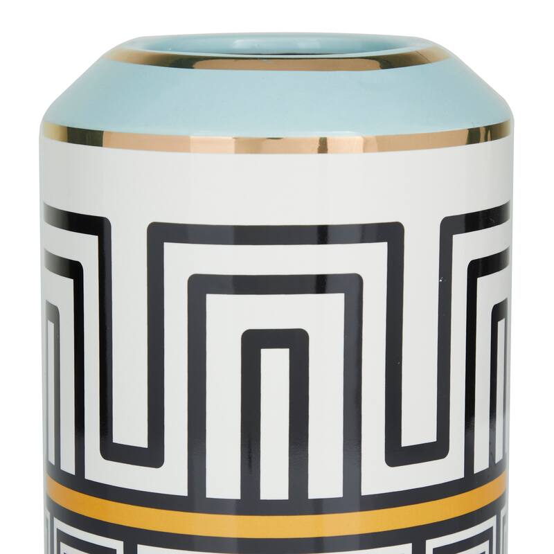 Teal Ceramic Vase Embellished with Greek Knot Pattern